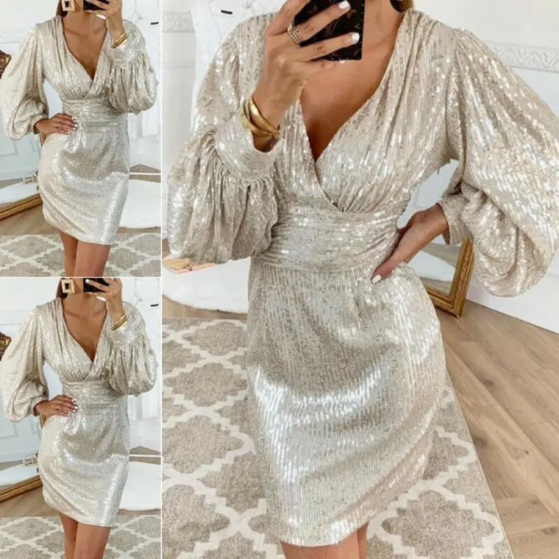 Женское повседневное платье с глубоким вырезом и длинным рукавом офисная одежда