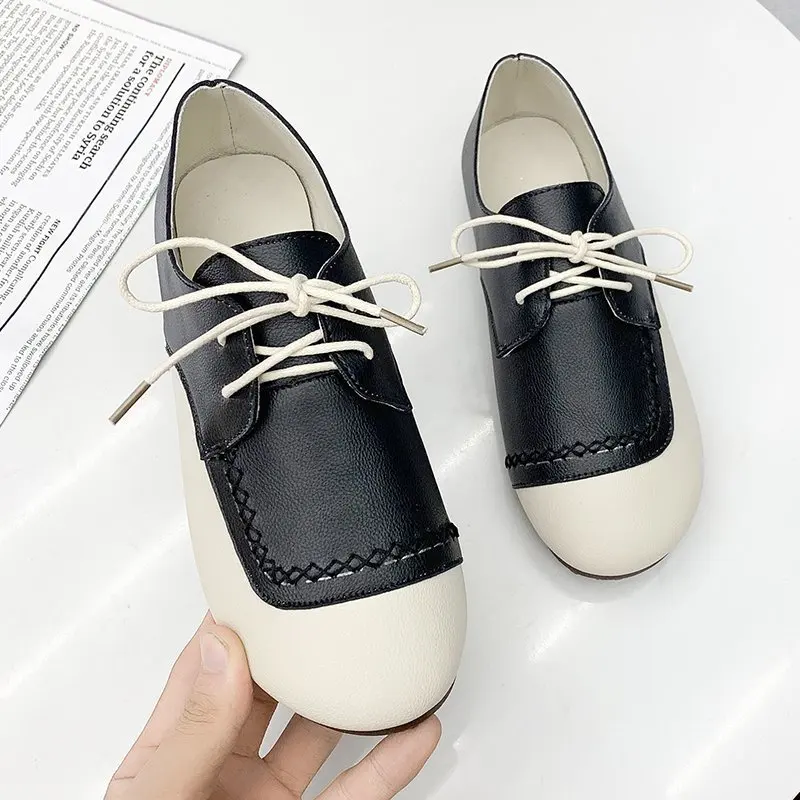 

2021 Spring Fashion Retro Vintage Moccasin Woman Flats Shoes Lace Up Fashion Comfortable Casual Ladies Women's Flat Shoes New 40