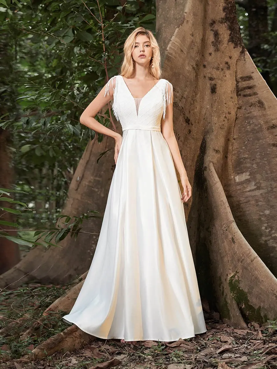 

Women's Wholesale A-Line Satin Wedding Dress with Deep V Neck