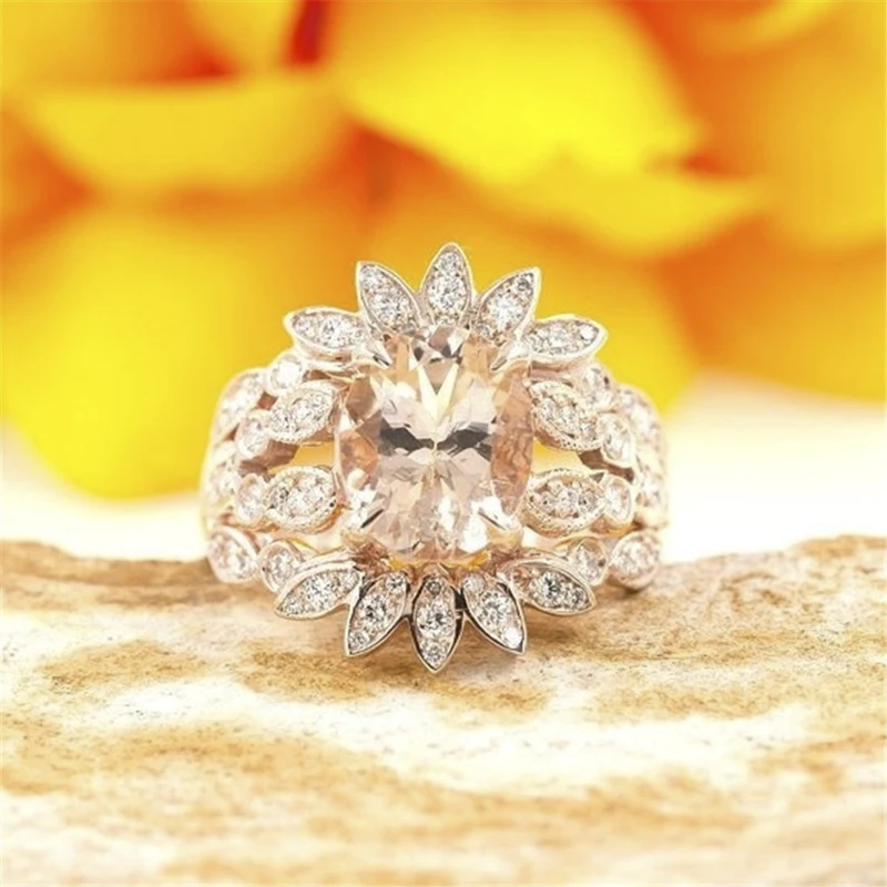 

Hot Sale Jewelry Rose Gold Color Inlaid Egg-shaped Champagne Zircon Leaf Single Ring for Women