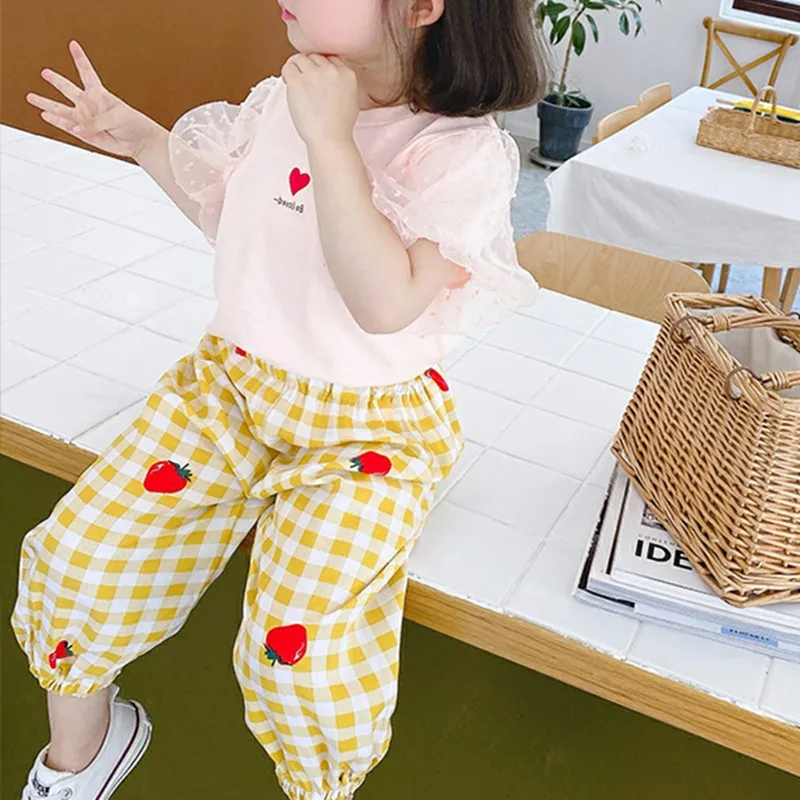 Girls Casual Pants 2021 New Spring Kids Fruit Print Plaid Leggings Korean Style Fall Cotton Children Anti-mosquito Trousers
