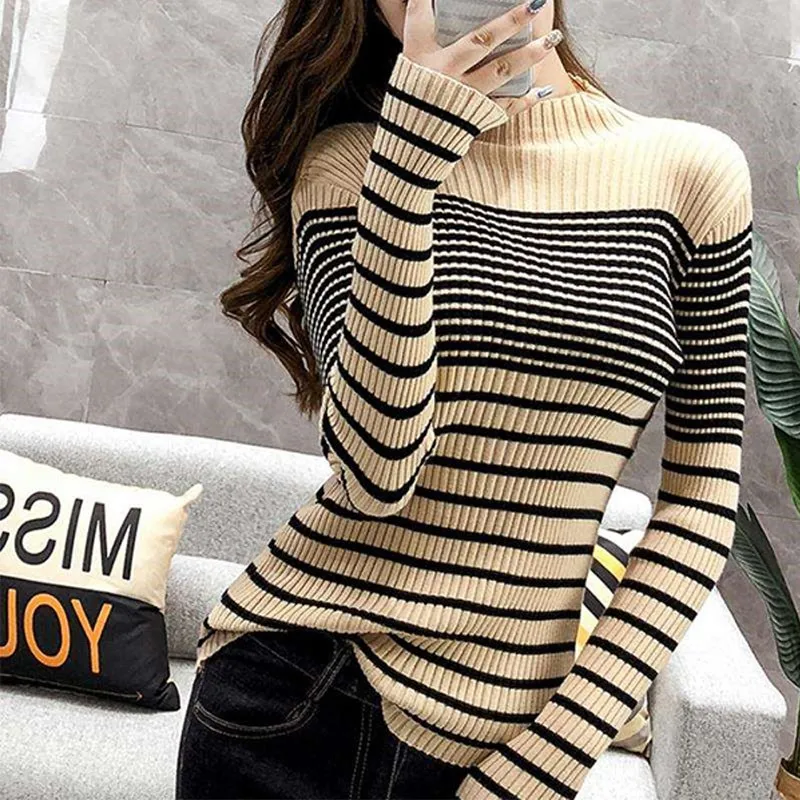 Women's Sweater Fashion Basic Autumn Winter Stripes Print Slim Long Sleeved Turtleneck Bottom Knit | Женская одежда