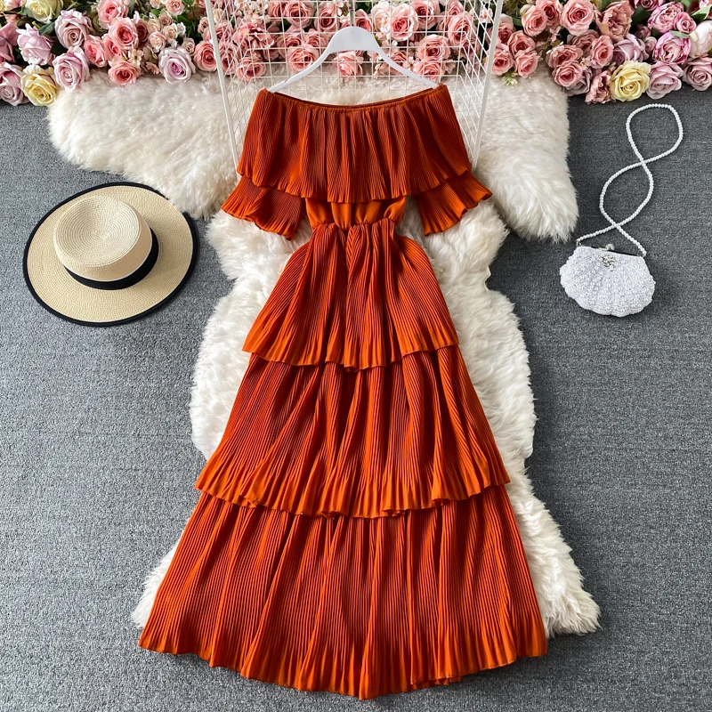 

Autumn Women Sexy Off Shoulder Draped Midi Dress Red/Purple/Orange Slash Neck Cascading Ruffle Party Vestidos Female 2021 New