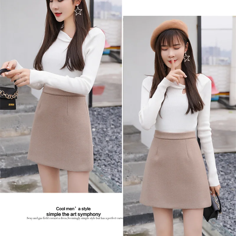 REALEFT New Arrival Autumn Winter Women Casual Mini Skirts High Waist Warm Woolen A-Line Sexy Short Skirts Female