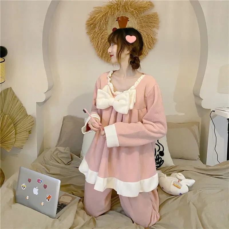 Winter 2021 Autumn New Sweet Bow Pajamas Women's Princess Set Two-piece Ins Pajama Sets Sleepwear Female Pijamas Nightgown Suit