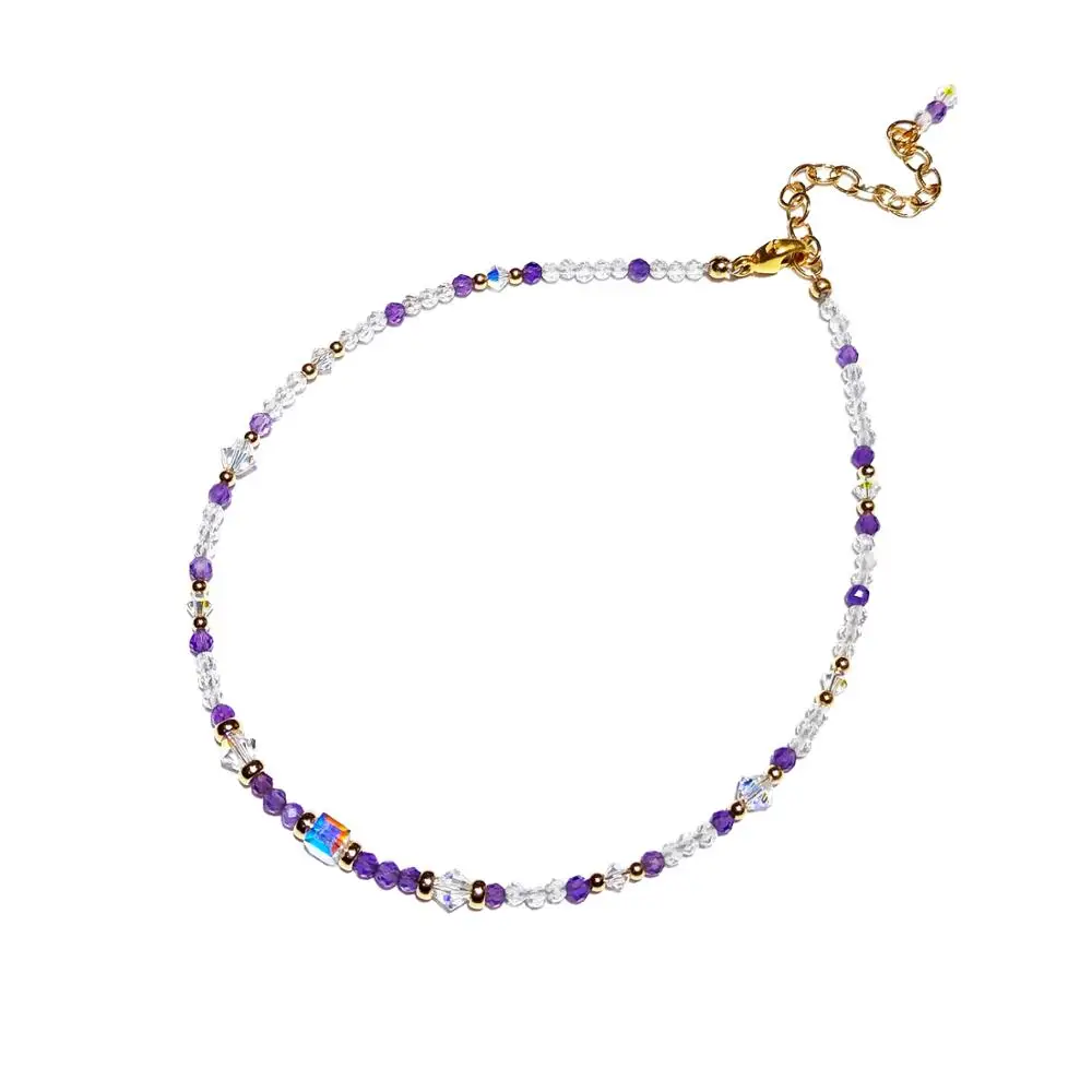 

Lii Ji Natural Amethyst Clear Quartz Crystal 2mm Tiny Beads Austrian Crystal 14K Gold Filled Anklet Bracelet 24+5cm