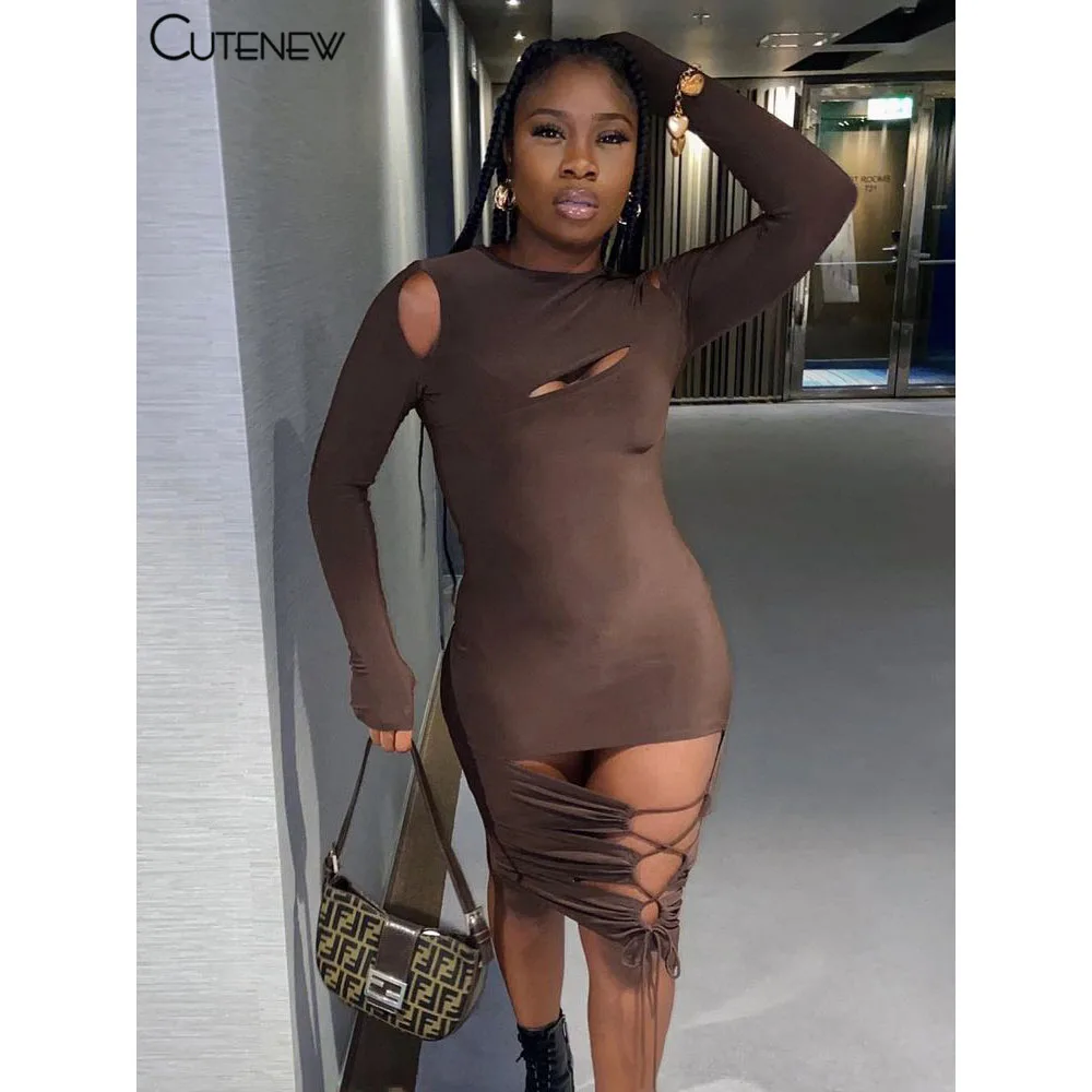 

Cutenew Y2K Solid Sexy Hollow Out Skinny Maxi Dresses Women Autumn Full Sleeve Drawstring Long Prom Dress Casual High Streetwear