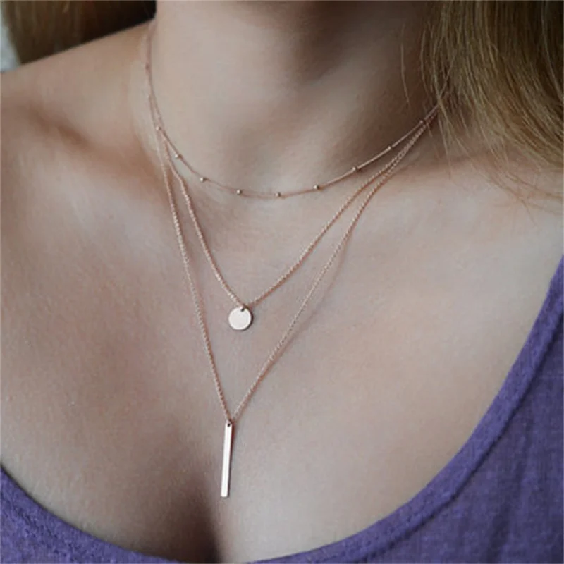 

Multilayered Minimalist Copper Sequins Necklace Women Luxury Female Summer Simple Metal Long Gold Bar Pendant Neck Chain Jewelry