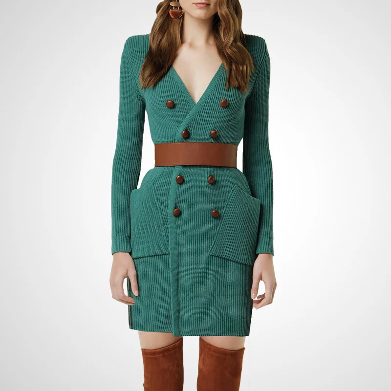 High Quality Bodycon Dress Fall Winter Fashion Women V-Neck Long Sleeve Knitting Cardigans Elasticity Sweater Dress Green