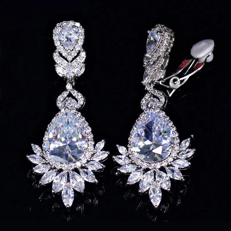 Sparking White ThreeGraces роскошные женские свадебные CZ Ювелирные изделия Длинные большие висячие капли воды не пирсинг Ушная клипса серьги для невест ER043 - Окраска металла: Sparking White