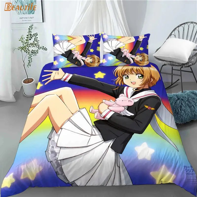 Funda de edred&oacute;n personalizada Sakura Cardcaptor Anime 1, 2 fundas de almohada, juego de ropa de cama de tela de poli&eacute;ster, conjunto de edred&oacute;n para Familia y Chico-5