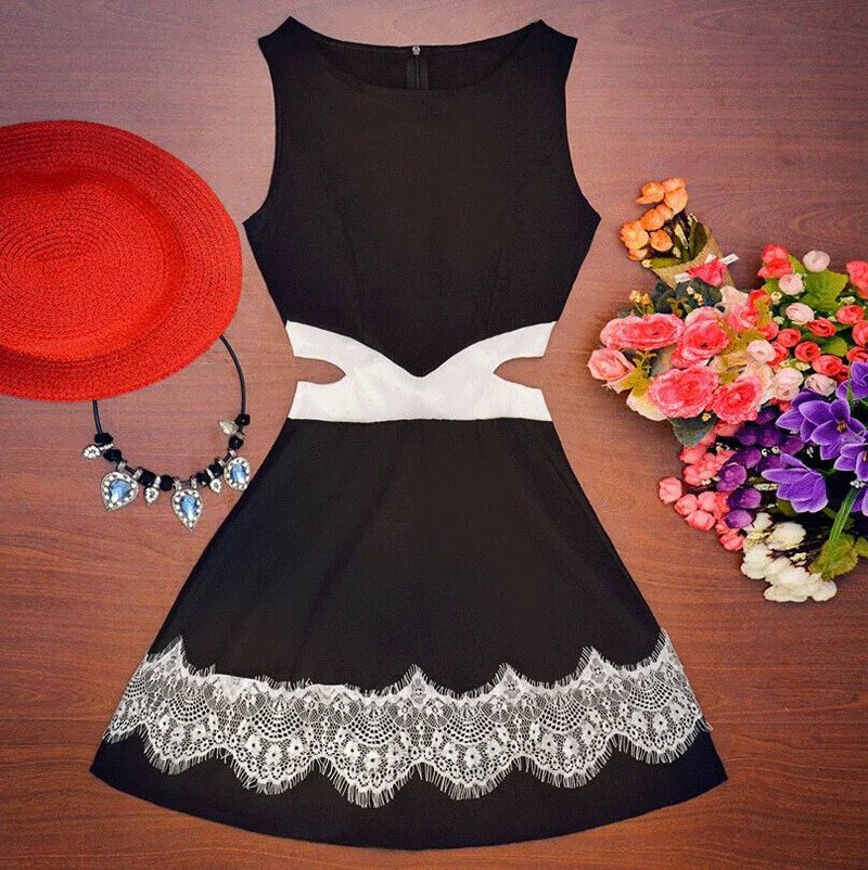 

Summer Women Dress OL Lady Sleeveless O-neck Lace Patchwork Casual Slim Fit Hollow Out Mini Waist Dress white black