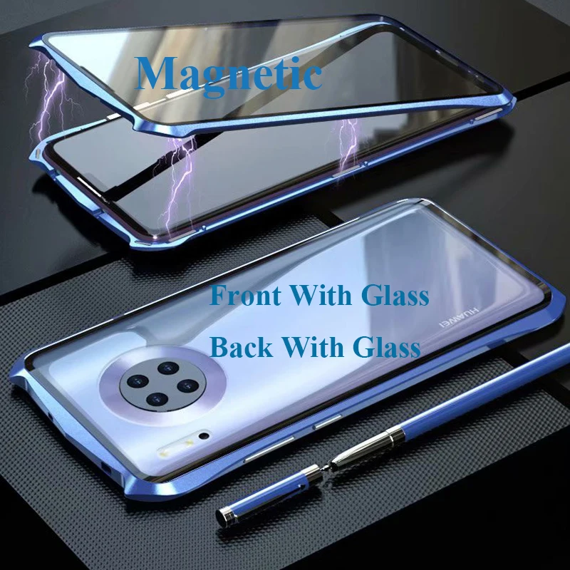 Магнитный чехол для Huawei Mate 30 Pro двухсторонний из закаленного стекла 9H с поворотом