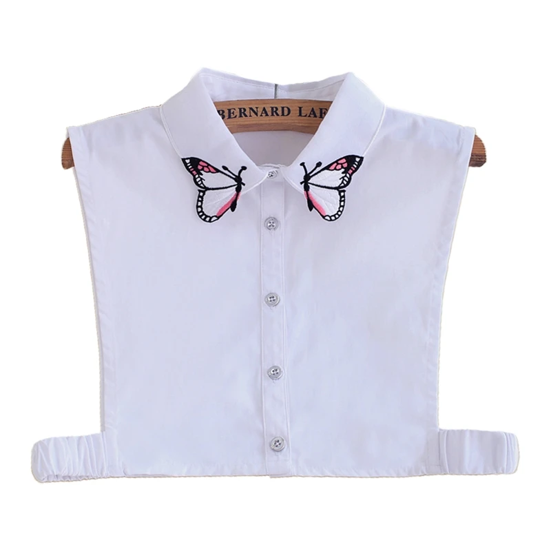 

Q1QA женская элегантная цветная рубашка с вышивкой бабочки отворот накладной воротник с пуговицами Съемная половинная рубашка блузка Dickey