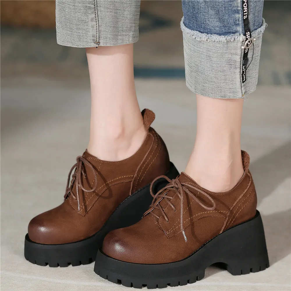 

Punk Goth Creepers Women Genuine Leather High Heel Ankle Boots Female Lace Up Round Toe Chunky Platform Pumps Shoes Casual Shoes