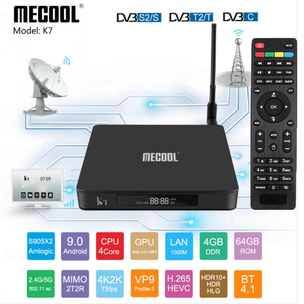 ТВ-бокс MECOOL K7 DVB-S2-T2 TC Android 9 0 4 Гб LPDDR4 64 Amlogic S905X2 2 ГГц + 5 WiFi 1000 Мбит/с Bluetooth 1 HDR10 4K |