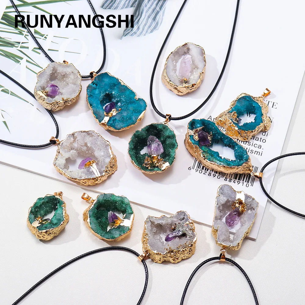 

Colored crystal cluster agate cave Crystal cluster Amethyst Pendant Natural crystal energy gem jewelry Women's Necklace