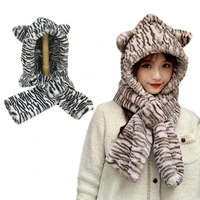 sweet fashion bear ear hat cute winter windproof scarf casual plush winter thick leopard stripe scarf gift for adult kid
