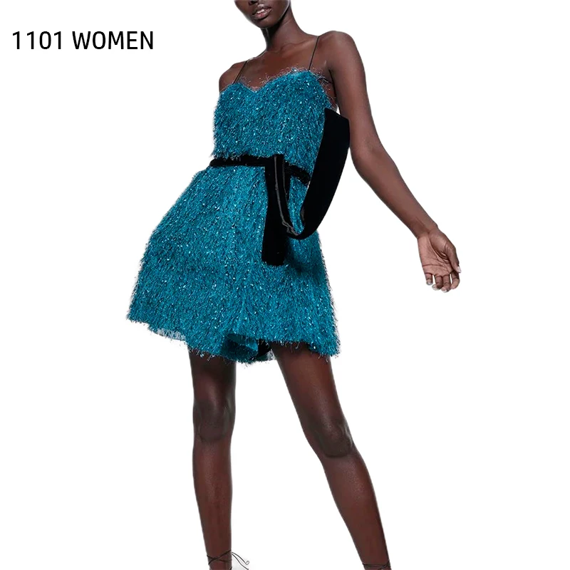 ZA новинка весны женский зеленый синий серый кружевной с кисточками поясом на