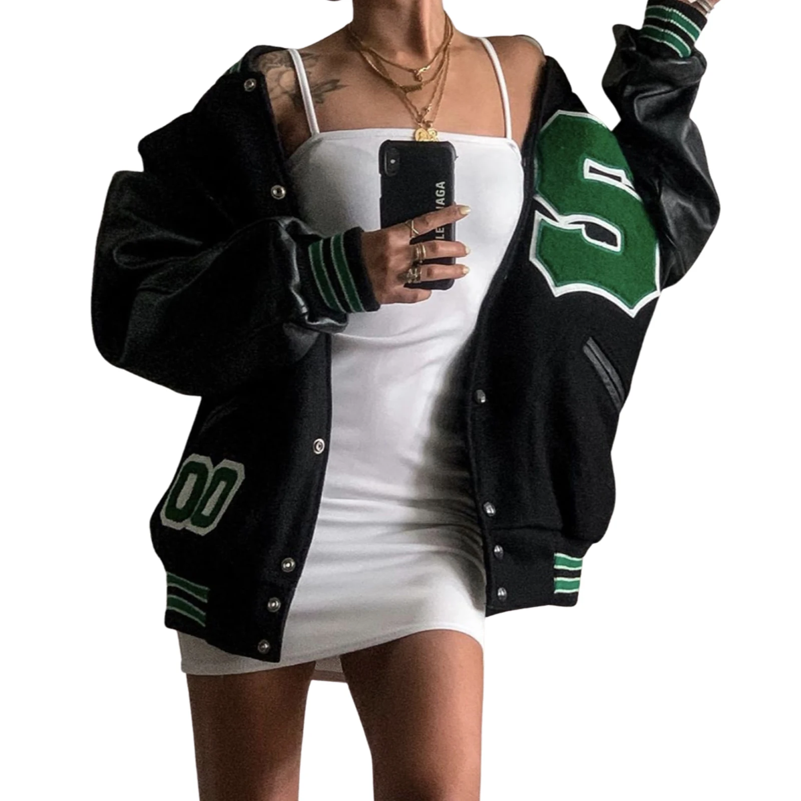 

Women Oversized Baseball Jackets, Fashion Leather Long Sleeve Letter Embroidery Jackets