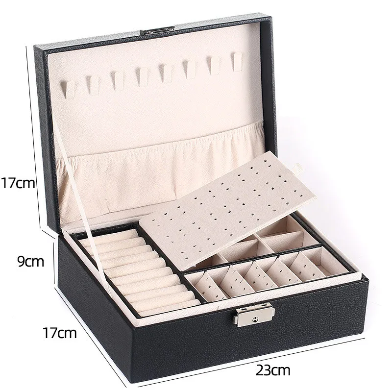 

New Double-Layer Leather Jewellery Box Ear Stud Earrings Ornament Storage Box Multi-Function Large Jewelry Box
