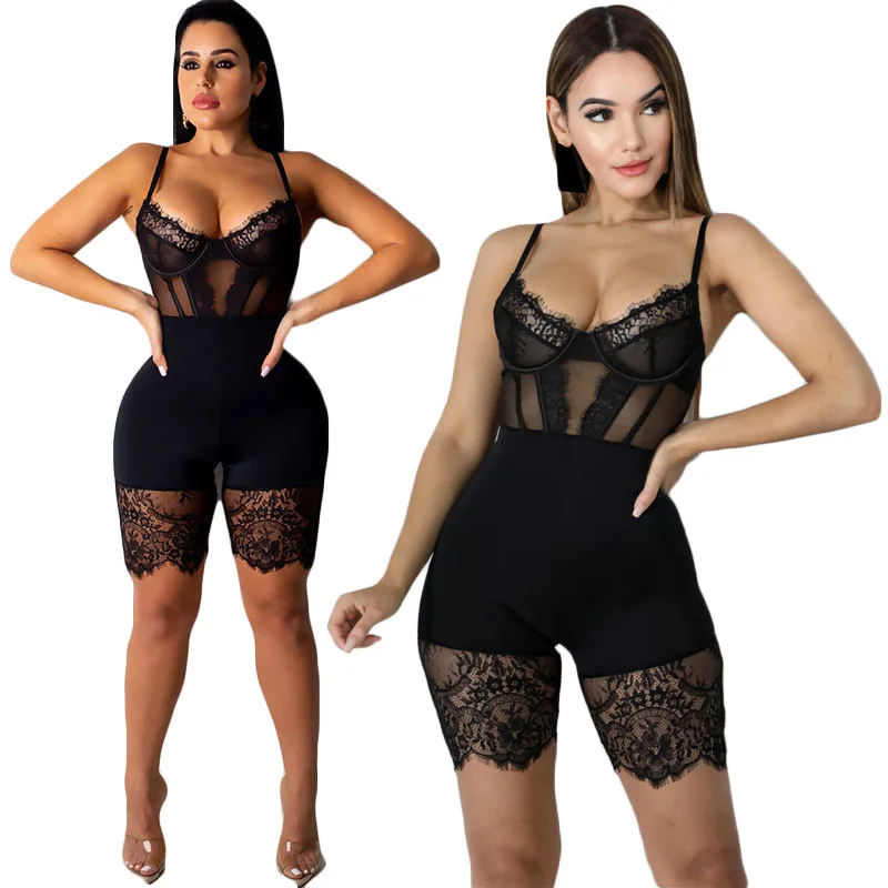 

Кружевной лоскутный короткий комбинезон KEXU для вечерние и клубов, сексуальный комбинезон на бретелях-спагетти, бандажные комбинезоны, элег...