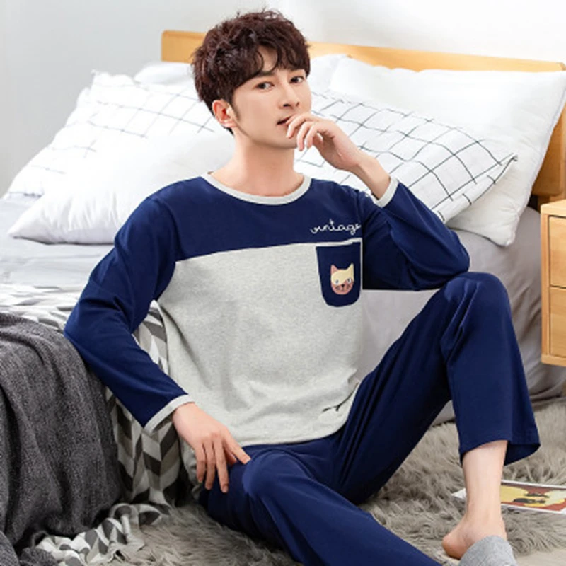 Пижамный комплект мужской в полоску штаны с длинным рукавом круглым вырезом