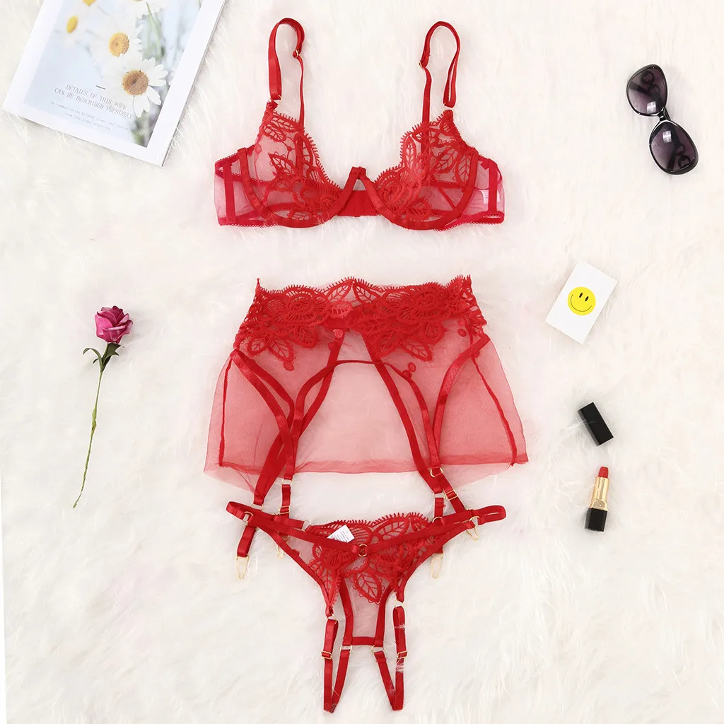 

Women's Sexy Lingerie Bra Set Exquisite Lace Lingerie Bra+Garter+Briefs Set Babydoll Cut-Out Sleepwear Seksowna Bielizna