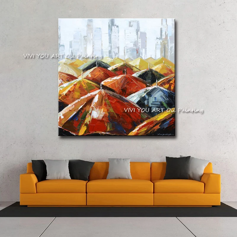 

100% Handmade colorful umbrella oil painting Seaside Large Size Abstract Handpainted Canvas Modern for Home Living Room Decor
