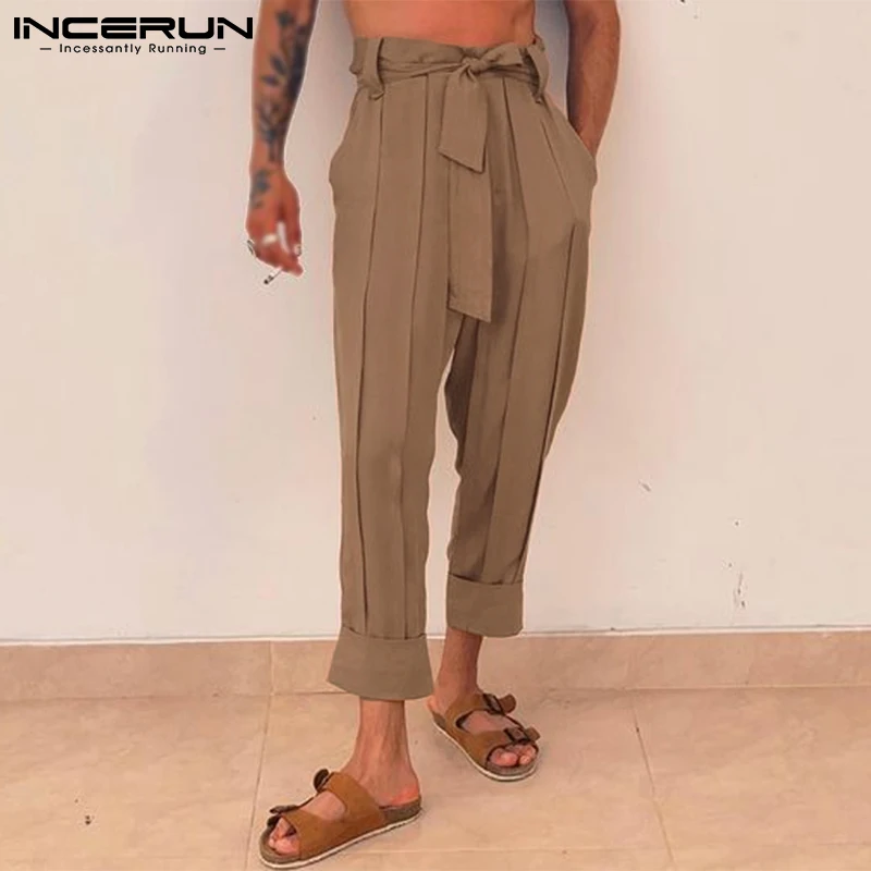 

INCERUN Men Casual Pants Solid Color Joggers Lace Up Baggy Pockets Trousers Men Leisure 2023 Streetwear Pantalones Hombre S-5XL