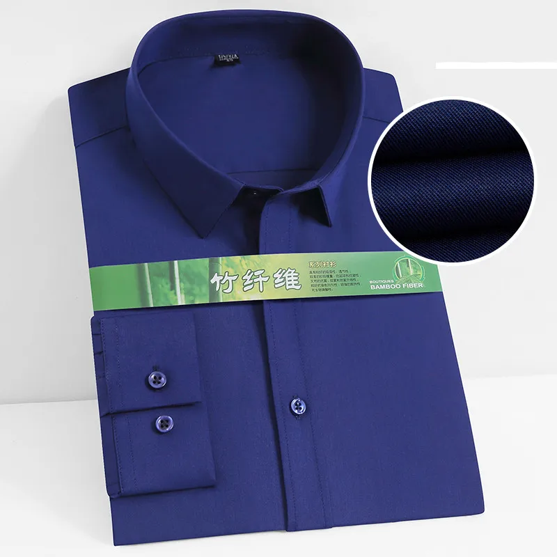 Men's Classic Long Sleeve Silky Bamboo-fiber Shirt Wrinkle Stretch Pocket-less Design Soft Slim Fit Business ofice Easy-Care Top
