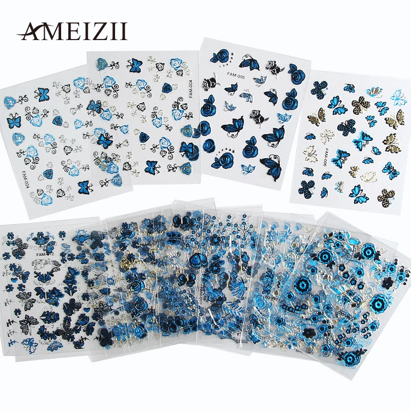 Ameizii 24 шт наклейки для ногтей s 3D романтическая бабочка синий цветочный узор