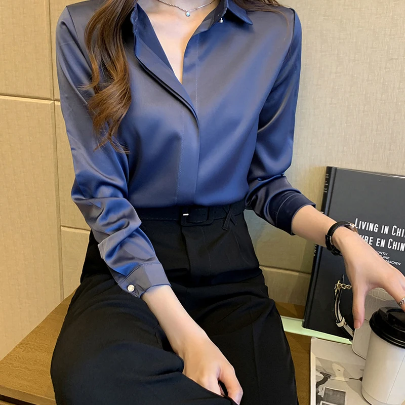 

Autumn Fashion Button Up Satin Silk Shirt Chiffon Commuting Blouse Women White Lady Long Sleeves Female Loose Street Shirts Top