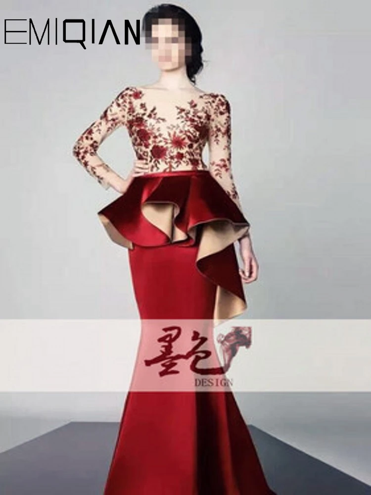 Вечерние платья-русалки с длинным рукавом и круглым вырезом | Свадьбы торжества