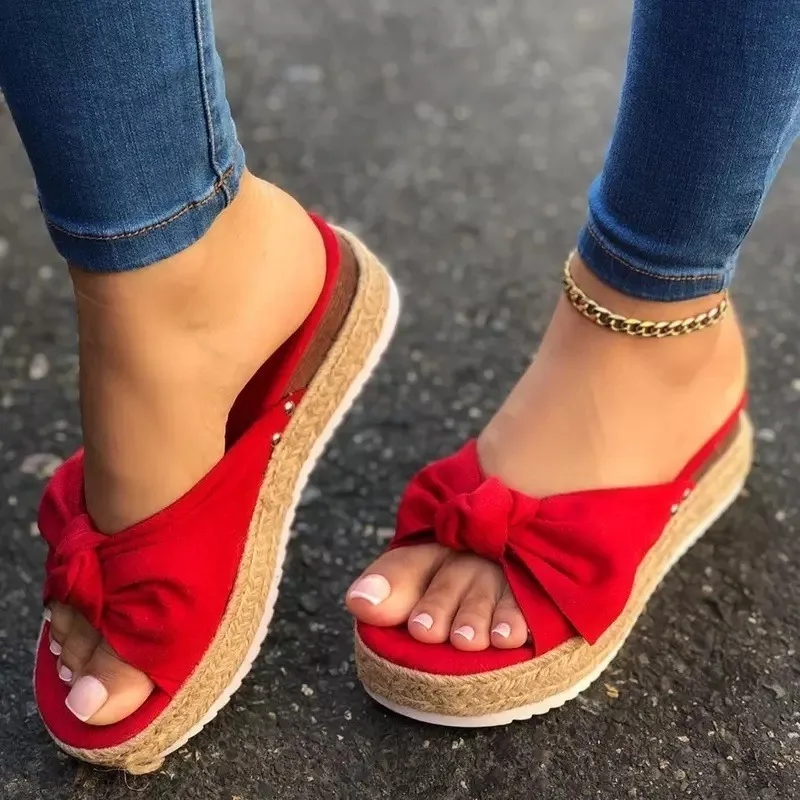 

2021 Women Summer Sandals Mid Heels Sandals Plus Size Wedges Shoes Woman Sweet Bowties Slippers Sandalias Mujer Sapato Feminino