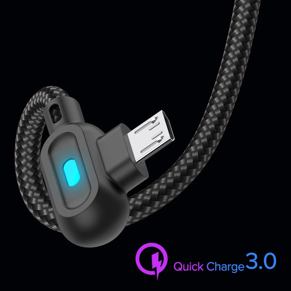 

QICHSHJIN Micro USB Cable LED 90 Degree For Huawei Samsung S10 Xiaomi Type C Fast Charging USB C Data Cord Micro USB Charge Wire