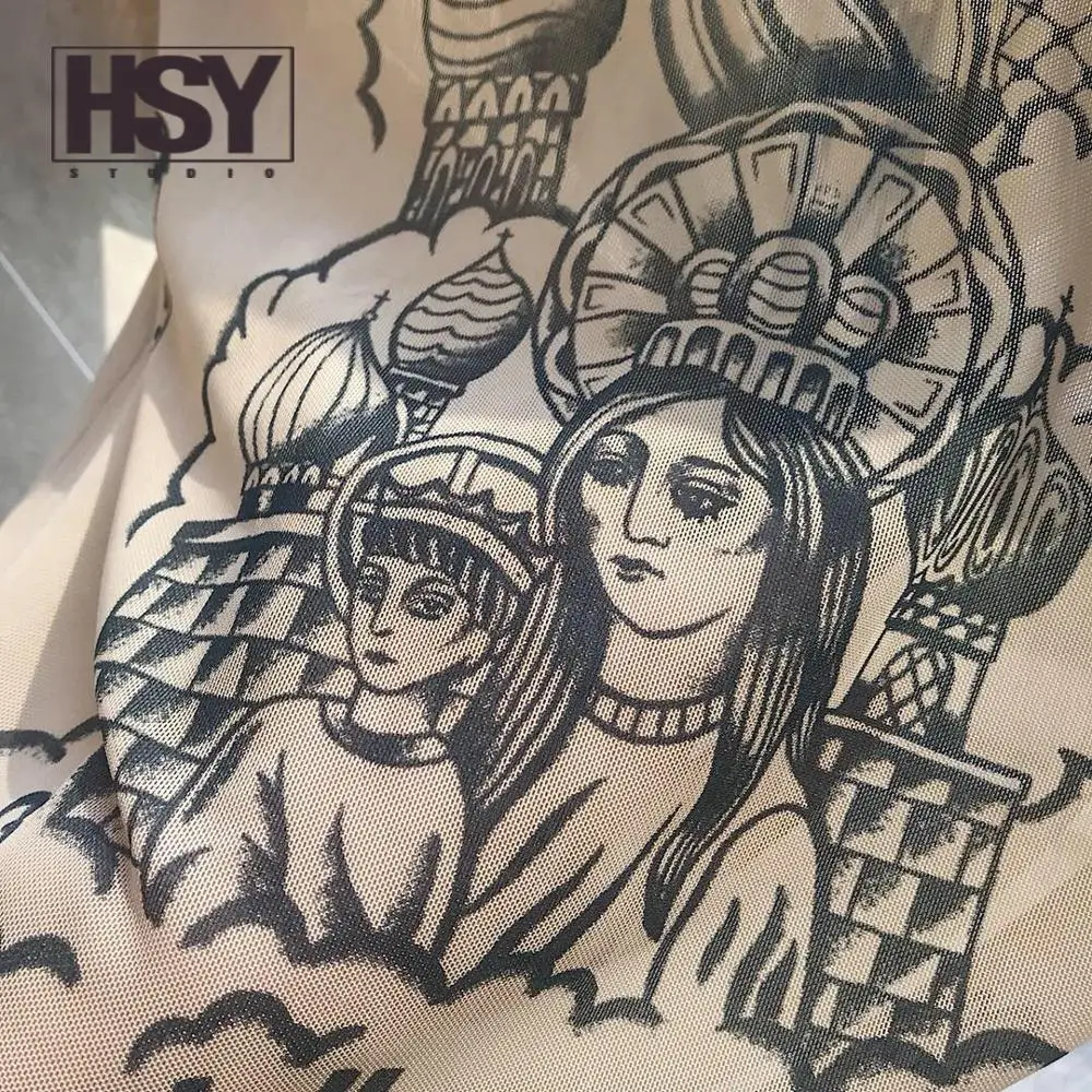 【HSY】2019 Осень Новая мода женщин базальный Топ богиня тату печати с длинным