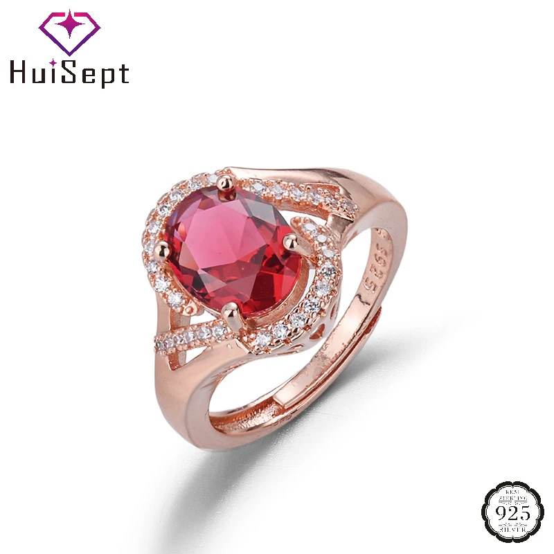 

HuiSept 925 Silver Jewelry Rings Oval Shaped Ruby Zircon Gemstones Open Finger Ring for Women Wedding Promise Gift Accessories