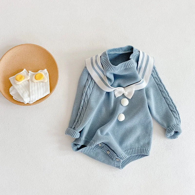 2021 nuevo oto&ntilde;o Body para beb&eacute; de manga larga de cuello marinero de lana azul mono Estilo Dulce reci&eacute;n nacido Ropa E020-5