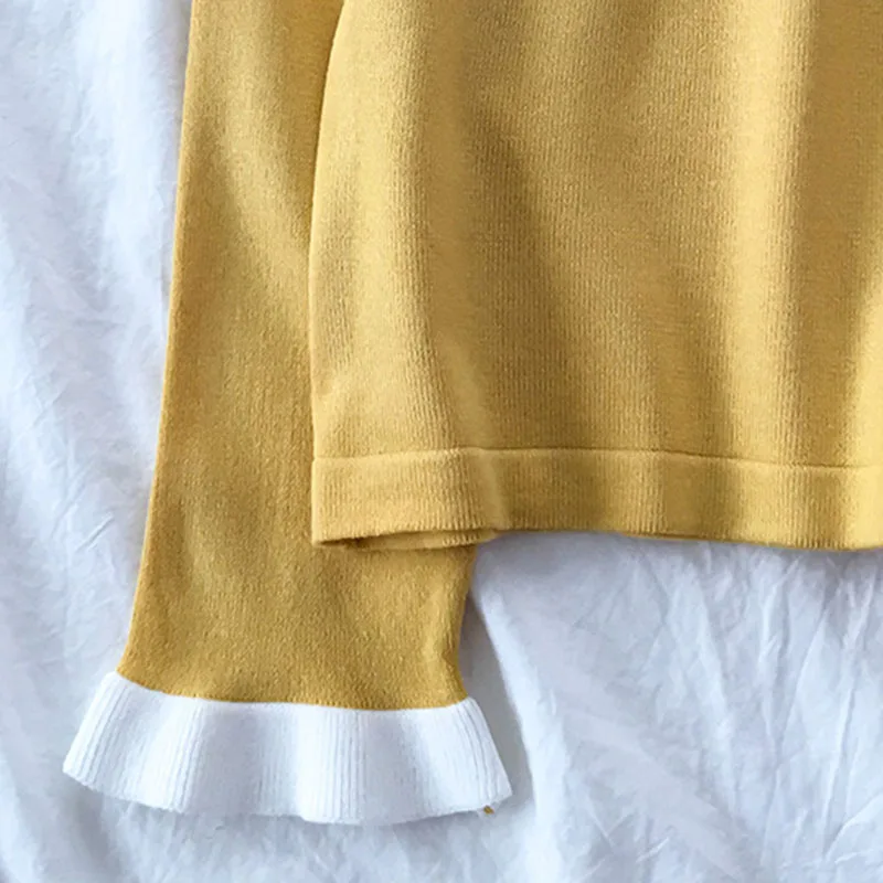 

NEW Sweaters Women Kawaii Bow Ruffled Collar Sleeve Casual Sweet Pink Girls Simple School Soft Comfortable Chic Womens Pullover