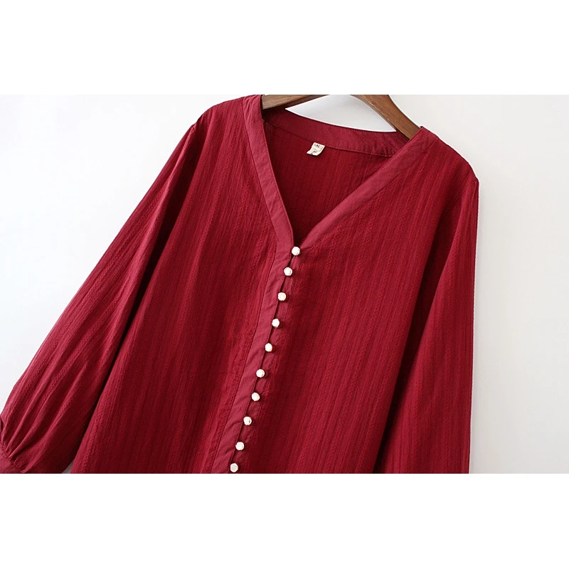 

Plus Size Women's Long Sleeved Blouse Full Cotton V-neck Officewear Blusas Vintage Buttons Tops