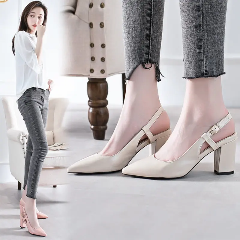 

Female Sandal 2021 Women's Shoes Buckle Block Heels Girls New Fashion Comfort Strap Pointed Spring Chunky High Clear Casual Basi