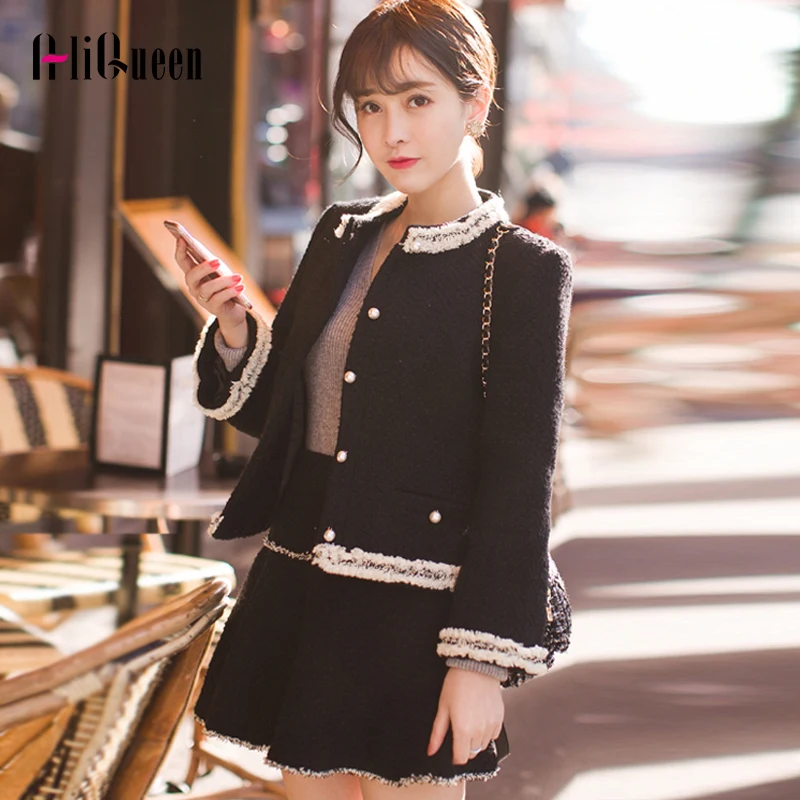 Комплект одежды из 2 предметов для женщин однобортный шерстяной твидовый пиджак