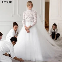 lorie muslim wedding dresses 2019 long sleeve high princess lace bride dresses side split boho vestidos de novia