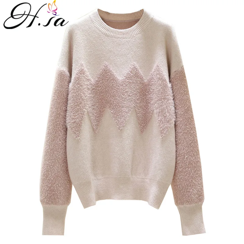 

H.SA Winter Sweater and Pullovers Oneck Geometric Knit Jumpers Long Sleeve Patchwork Pink Pull Sweaters Oversized Tops Pull