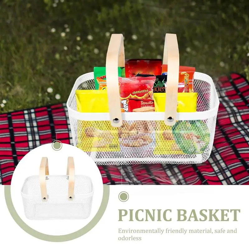 

1Pc Iron Wooden Handheld Storage Basket Simple Hollow-out Picnic Basket White