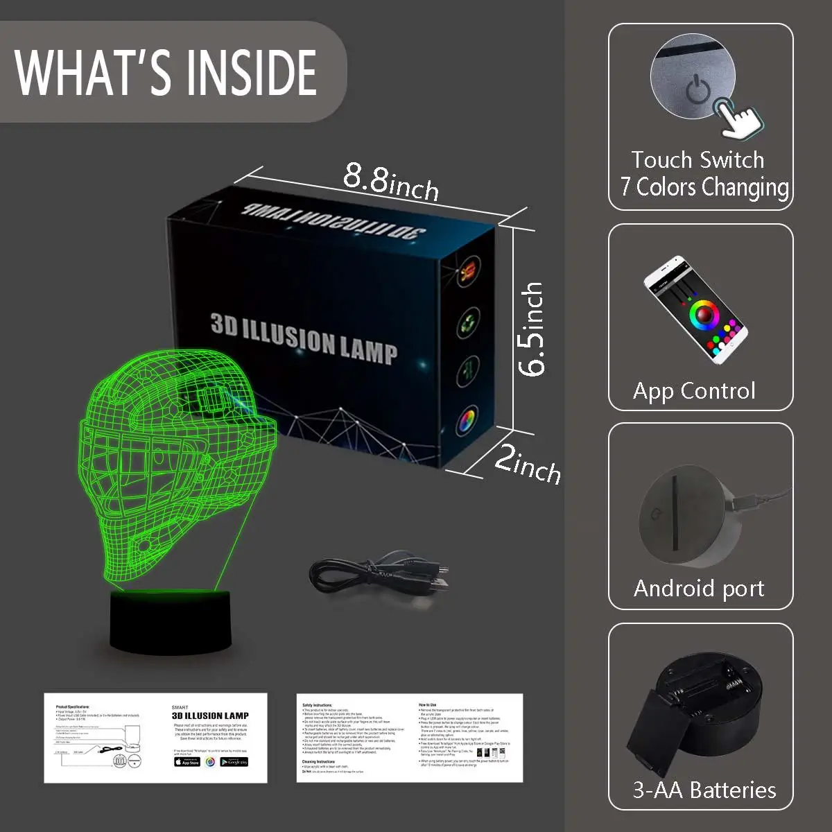NiteApps 3D хоккейный шлем Ночной свет настольная Иллюзия украшение лампа подарок на день рождения приложение/сенсорное управление