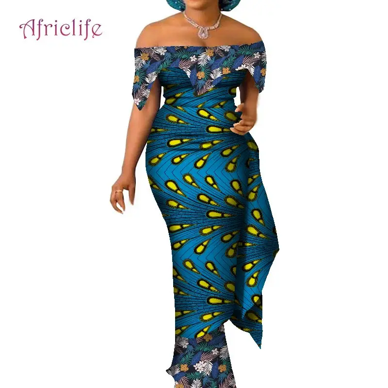 

African Dresses for Women Traditional Off Shoulder Wax Print Cotton Elegant Lady Plus Size Custom Party Clothing Clothes WY7837