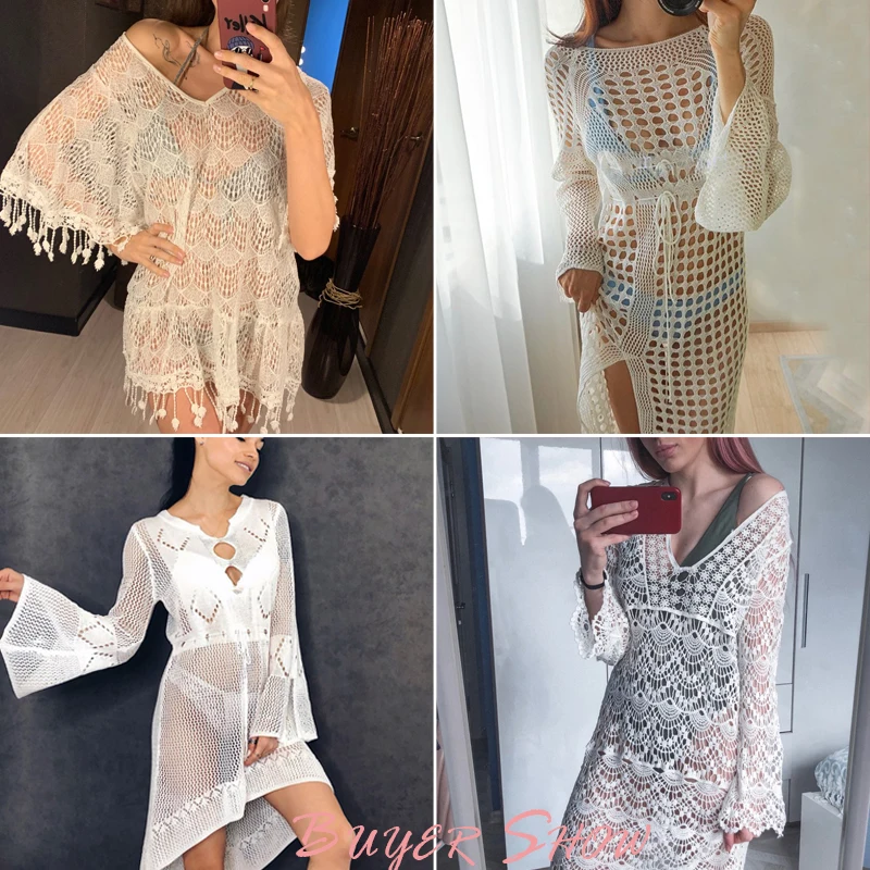 

Ashgaily 2021 Crochet White Knitted Beach Cover up dress Tunic Long Pareos Bikinis Cover ups Swim Cover up Robe Plage Beachwear
