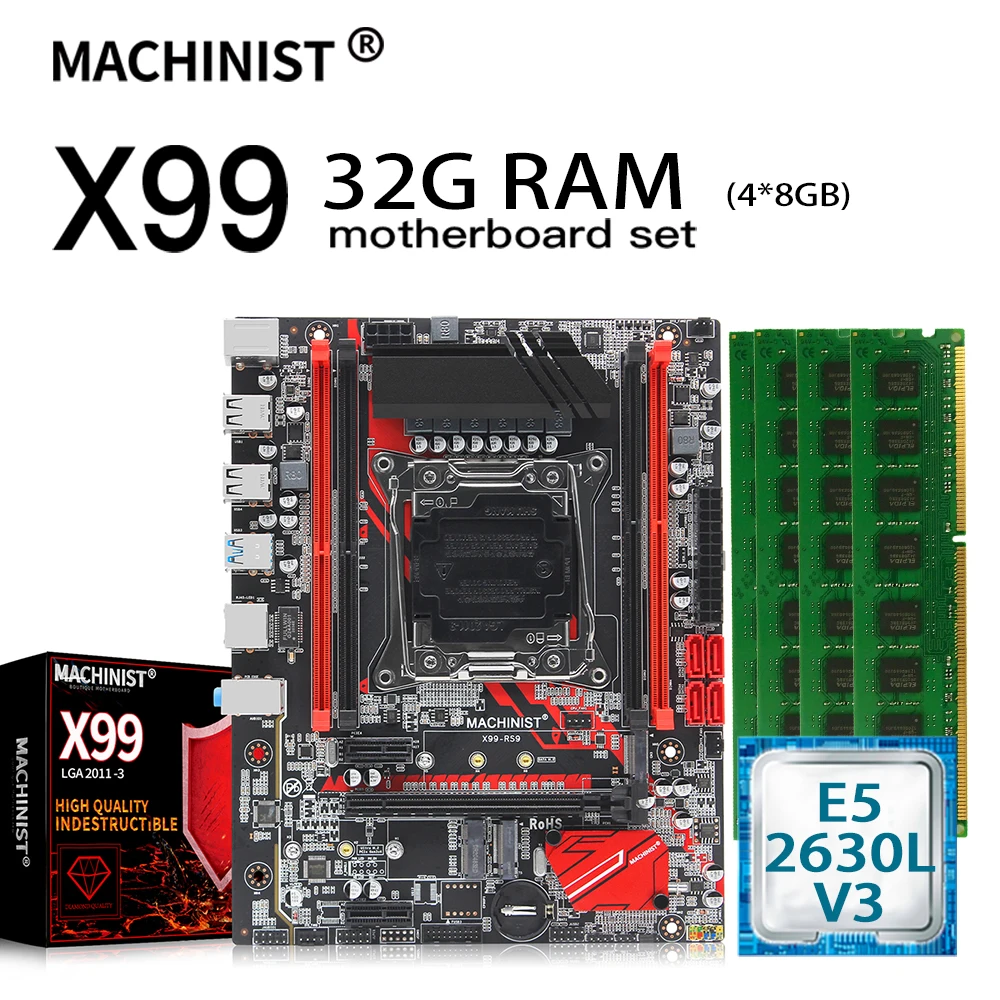 Verkauf MASCHINIST X99 Desktop Motherboard LGA 2011-3 Combo Mit Xeon E5 2630L V3 CPU 32GB 4*8G DDR4 ECC REG RAM Server Mainboard X99-RS9